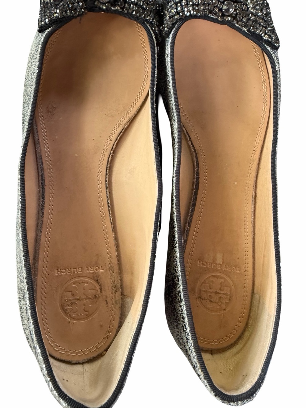 Tory Burch Vanessa Metallic Silver Pointed Toe Crystal Bow Ballerina Flat Size 9 - Picture 7 of 11